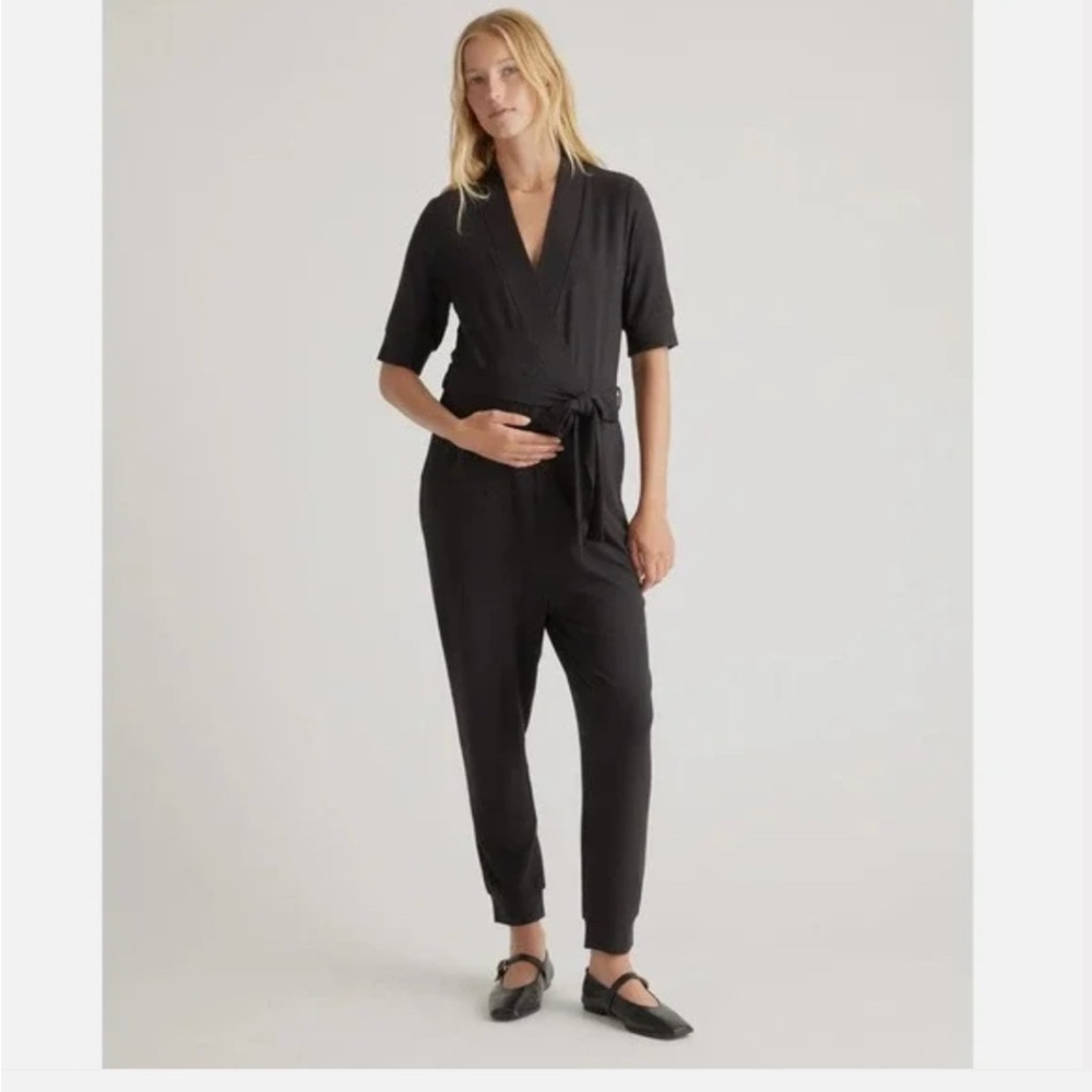 Quince French Terry Modal Maternity & Nursing Wrap Jumpsuit Black Sz Med